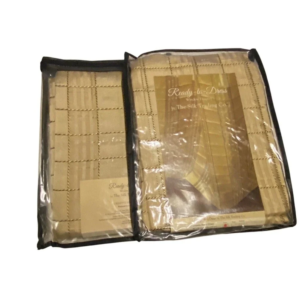 Set of 2 Gold/Cream 100% Sheer Silk Grid Window Curtain Panels 50” X 84” Drapery